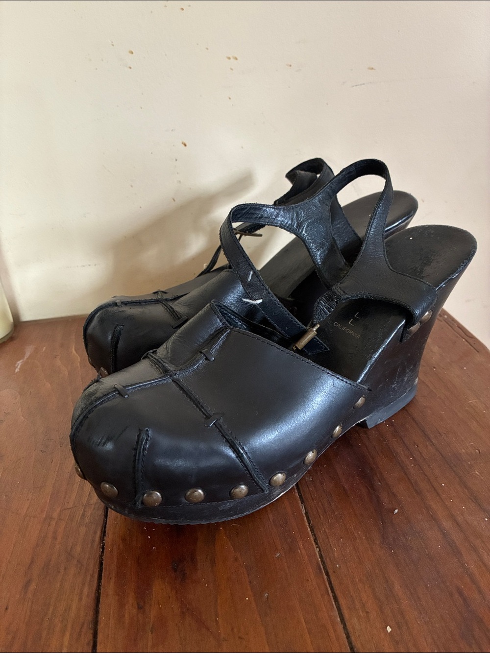 Jeffrey Campbell Black Leather Studded Wedge Clogs